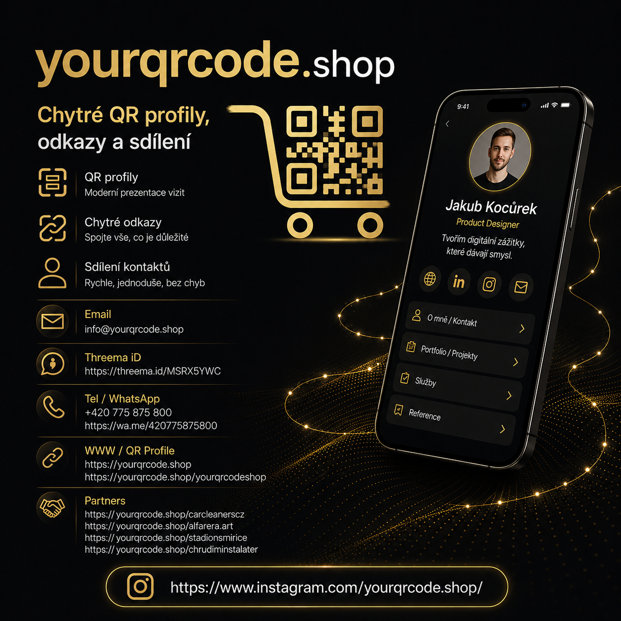 Chytrý QR profil s kontakty, odkazy, tlačítky a vizitkou do telefonu. Vše důležité pro zákazníka přehledně na jednom místě.