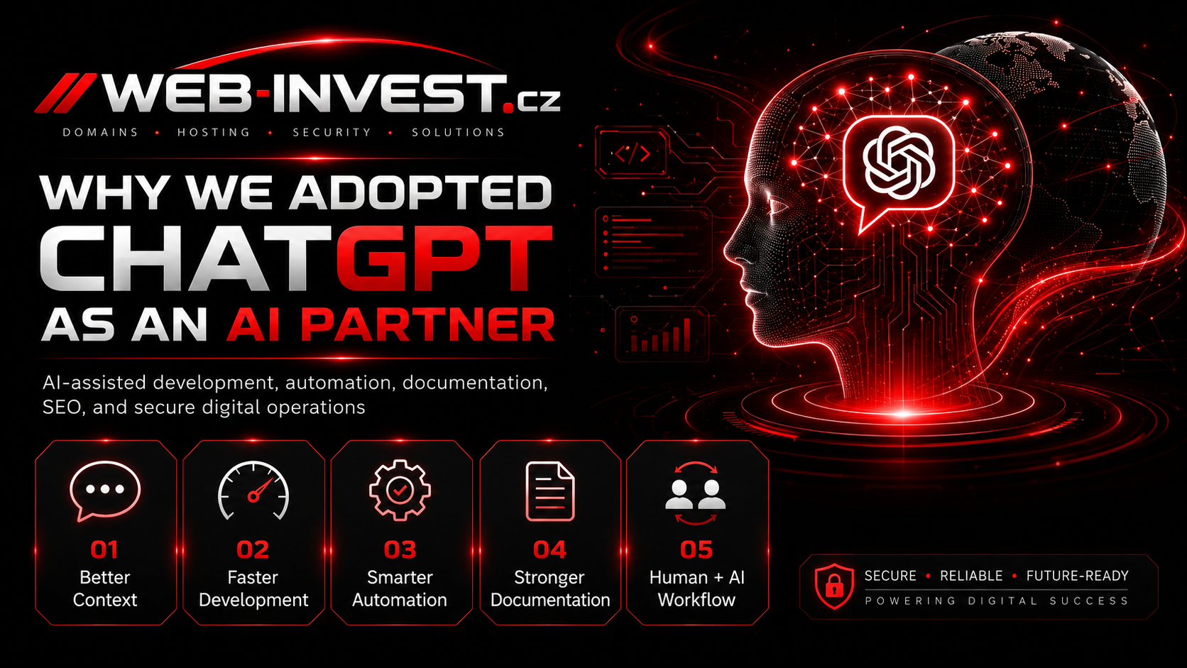 Discover why Web-Invest.cz adopted ChatGPT for AI-assisted development, automation, documentation, SEO and modern digital operations.